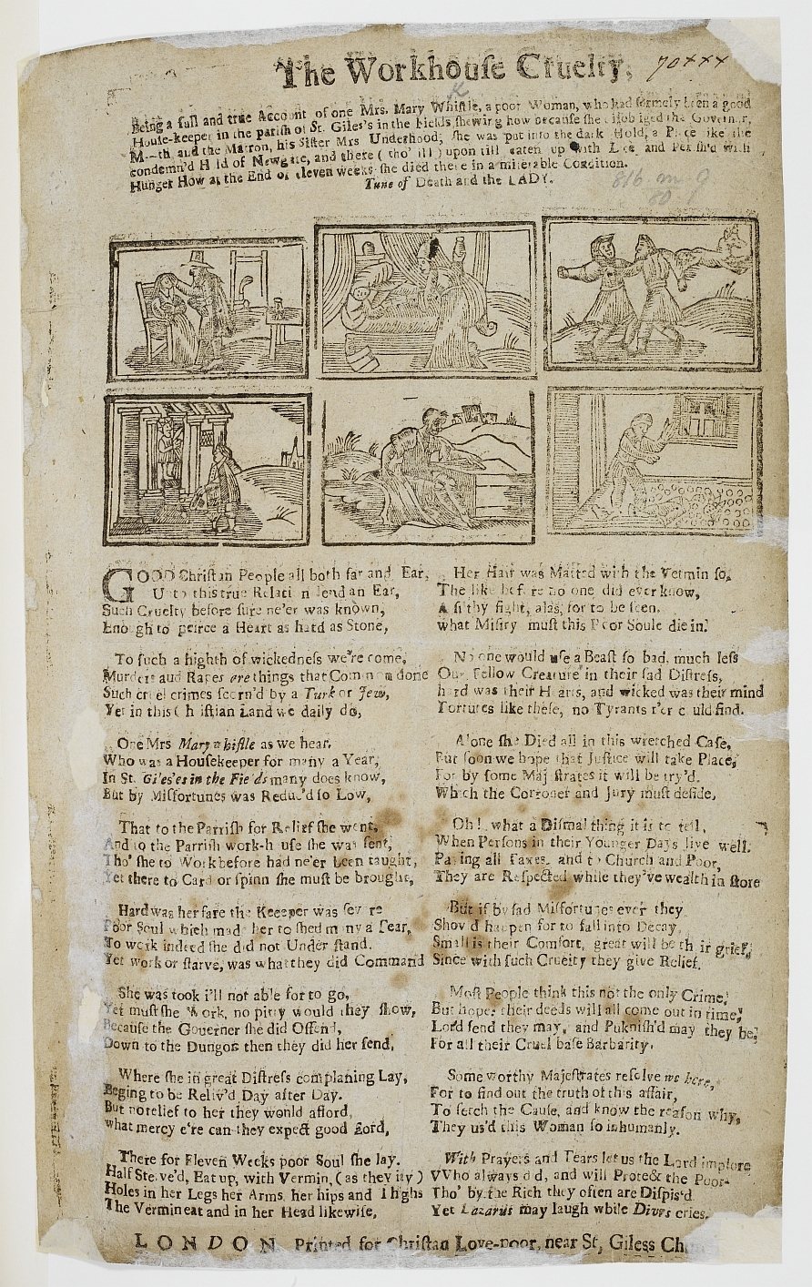 A ballad with a rough woodcut across the top in six panes, entitled - The Workhouse Cruelty