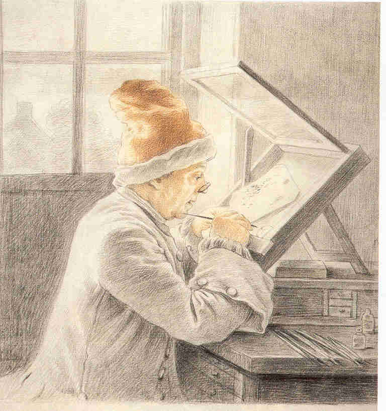 Christian Frederick Zincke.  A middle-aged man with glasses on his nose, in a soft red hat, is standing in front of a writing desk, with a window in the background