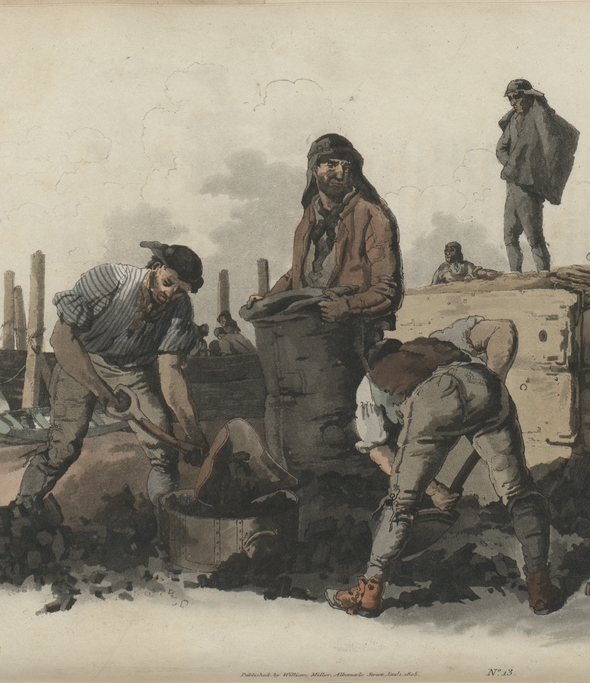 Three men can be seen in the foreground, two shovelling large lumps of coal into a basket.  A third man is holding a blackened sack full of coal.  In the background a barge can be seen and the figure of a man, blackened by coal dust, carrying an empty sack.