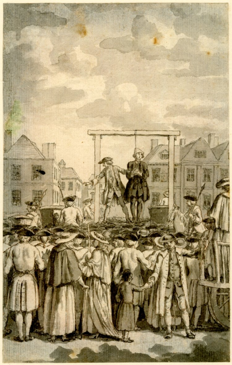 John Perrott hanged at Smithfield.  A crowd can be seen in the foreground with gallows visible behind, where the executioner gestures to the crowd while holding victim, who has rope around neck