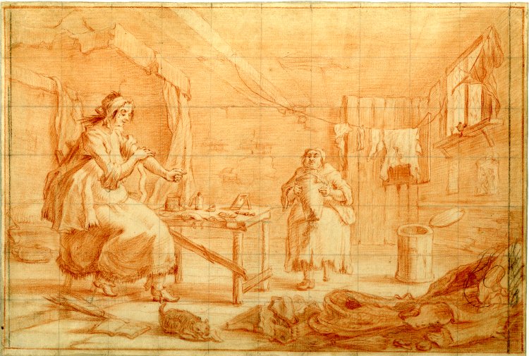 A woman sitting on a bed in a dishevelled room wraps her arm in bandages, while an older woman in the background brings a large jar.  Drawn in red chalk