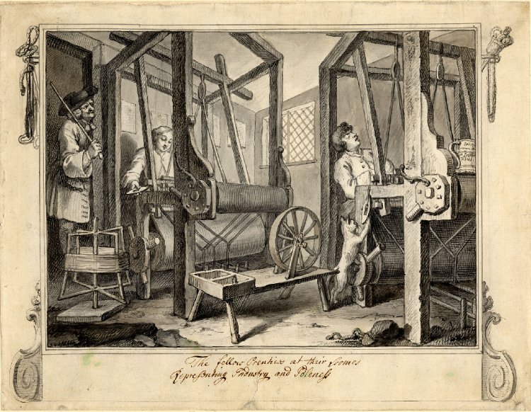 The interior of a weaver's workroom, to the left, an apprentice is busy at his loom, while to the right his fellow apprentice is asleep at his.  To the extreme left, the master is raising a cane, in the centre a spinning wheel and a cat on its hindlegs, with additional objects including a tankard, a spinning wheel and spindle wound with silk thread; symbolic embellishments added to the margin include a mace, the Lord Mayor's chain, fetters and halter
