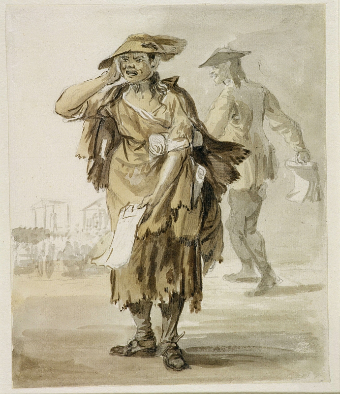 A woman in rags is standing in front of the gallows at Tyburn, her hand to her mouth as if yelling.  In her left hand is a printed sheet, and a roll of further papers is wedged under her arm.  A man in a flat hat with a quire of papers in his right hand is walking behind.