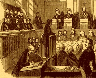 A man seated at a desk in the bottom half of the image is taking shorthand notes as the basis for an edition of the trial proceedings.  Judges, jury and lawyers can be seen in the background.