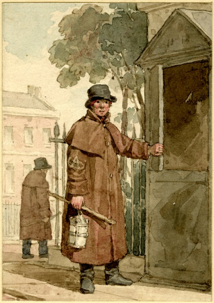 A whole length image of a man in a brown coat, lantern in hand, standing beside a watch box